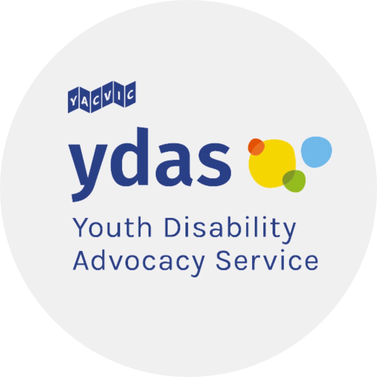 YACVIC Youth Disability Advocacy Service logo with blue text and overlapping coloured blobs.