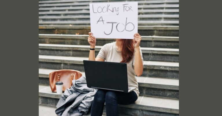 young woman sitting on stairs with a laptop resting on their lap, holding a sign that says looking for a job, brown bag, coffee and jacket sitting next to woman.
