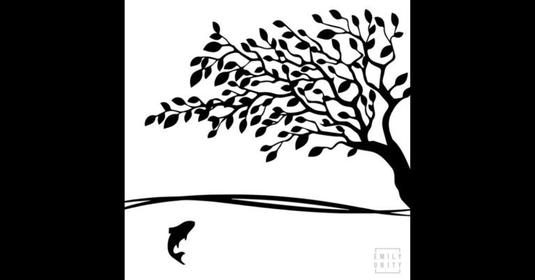 black and white illustration of a tree with lbranches and leaves, leaving towards a river and a jumping fish.