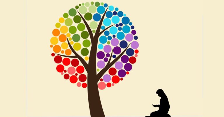 brown tree trunk with different coloured bubbles to form the tree, with the silhouette of a woman kneeling near the tree with her hands upturned.