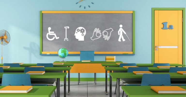 inclusive education classroom with disability icons of wheelchair, walking stick, brain, auslan and walking can on blackboard.