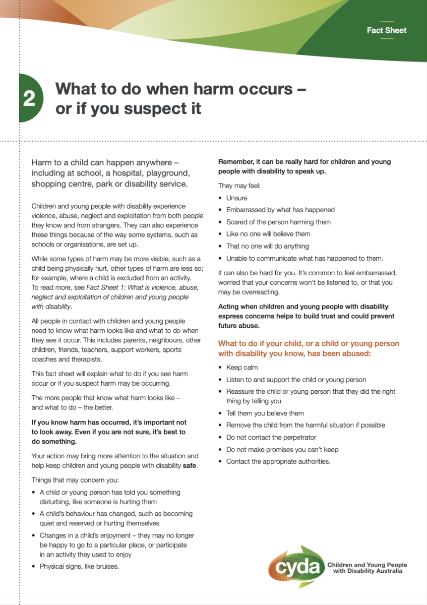 A factsheet with heading "What to do when harm occurs - or if you suspect it."