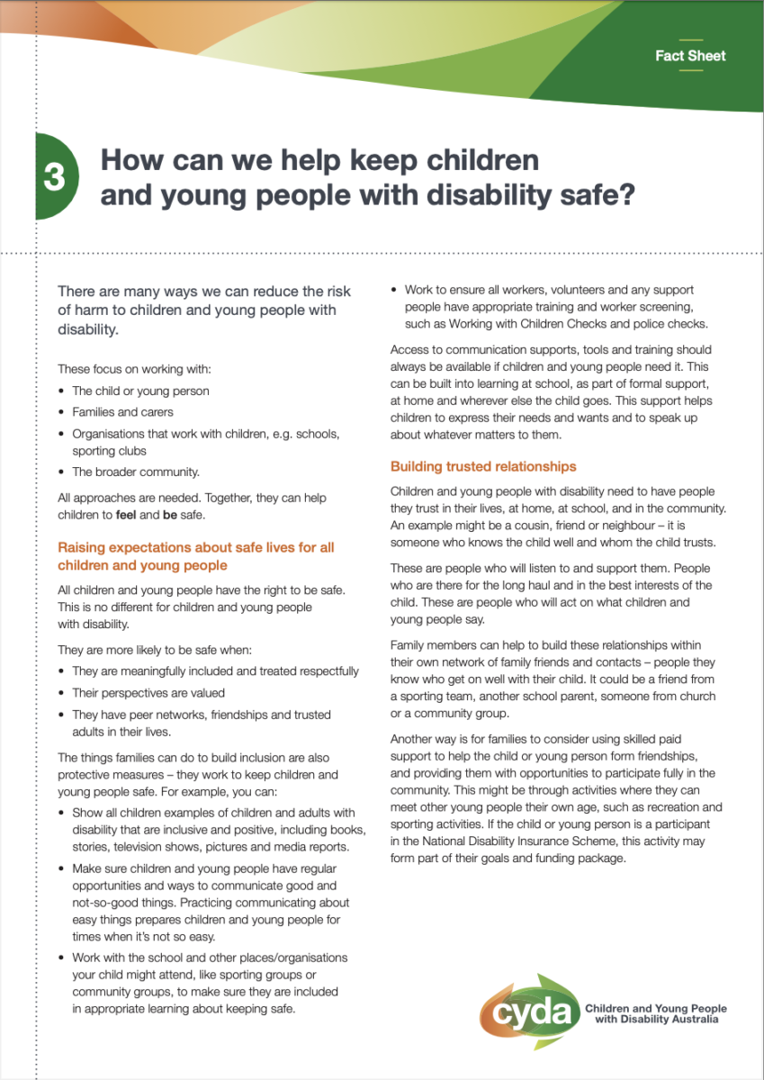 A factsheet with the heading "How can we keep children and young people with disability safe?"