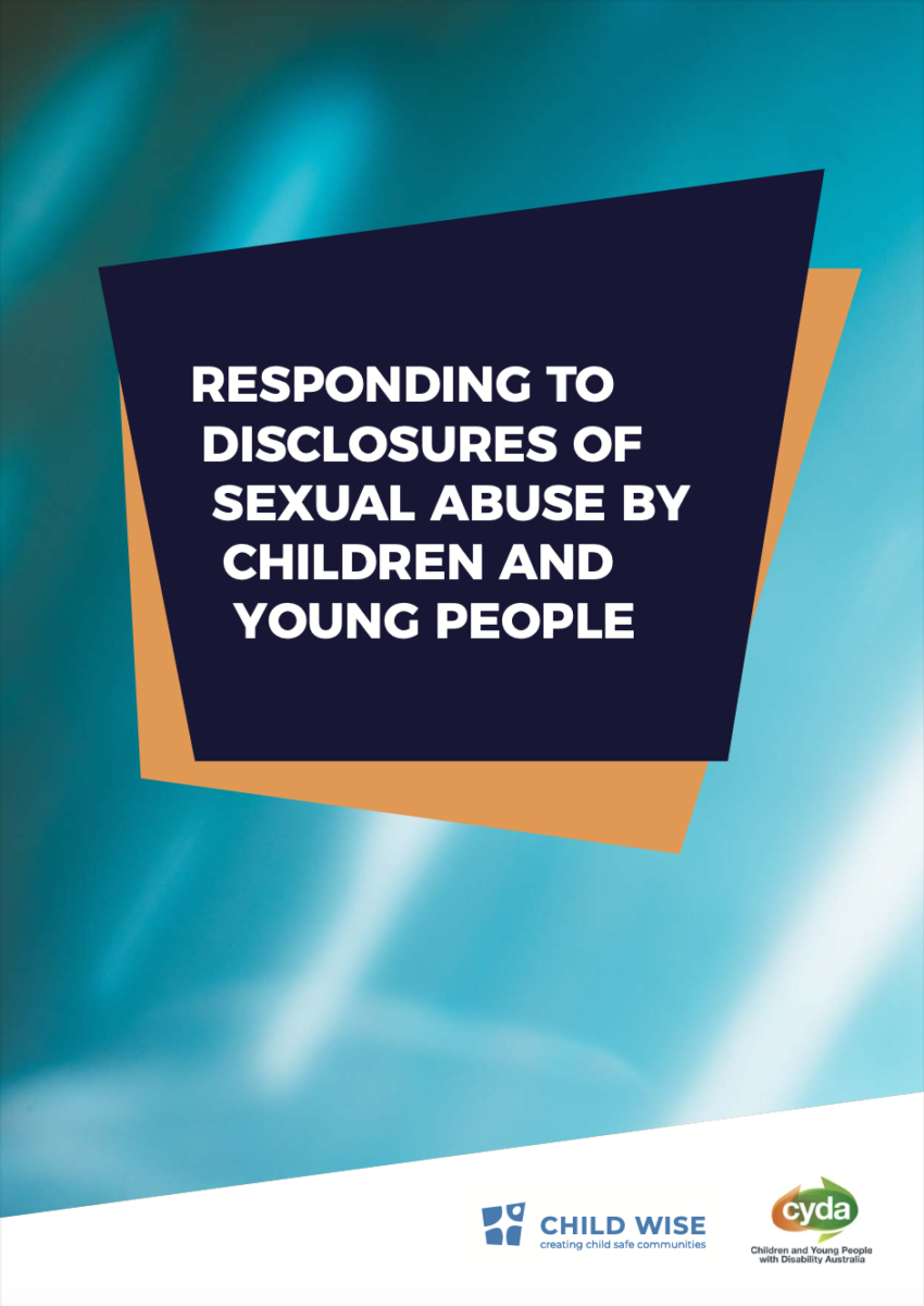 PDF cover with blue and orange geometric shapes. Title is "Responding to disclosures of sexual sexual abuse by children and young people.