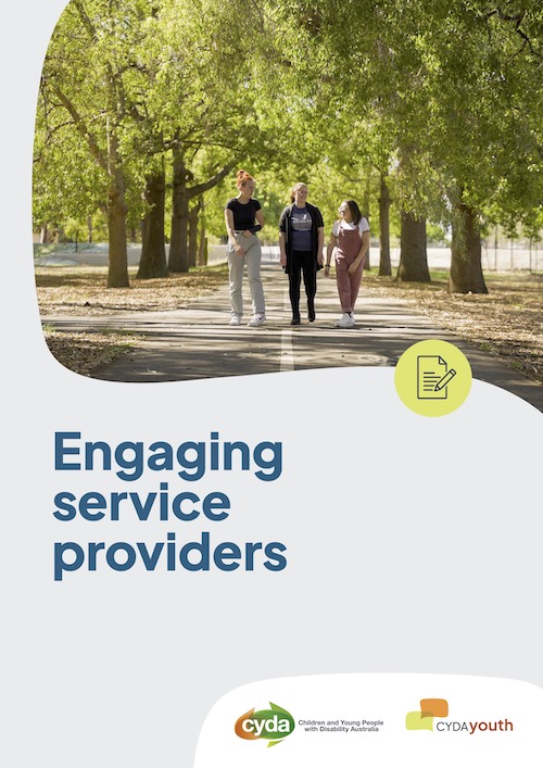 PDF cover featuring three young people in casual clothes chatting and walking in a treed area. The title is "Engaging service providers" in large blue letters.