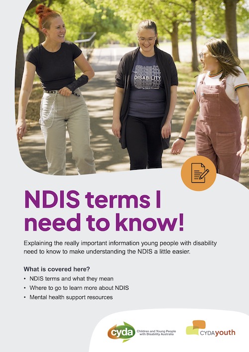 PDF cover featuring three young people in casual clothes chatting and walking in a treed area. The title is "NDIS terms I need to know" in large purple letters.