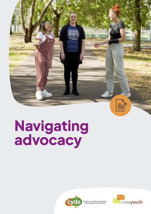 PDF cover of three young people hanging out in a park in casual clothes, chatting and smiling. Title is "Navigating advocacy" in big purple letters.