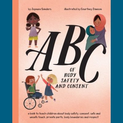 The image depicts a book cover with a pink backdrop and some text. The cover features a cartoonish illustration of multiple children. A girl is visible on the left, raising her hand at the reader. On the right-hand side are two people wearing head scarves and hugging. It appears to be a mother and daughter. A boy in a wheelchair is shown on the lower left. He is being high fived by a young girl.
