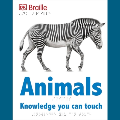 This image features a zebra walking on a plain white background. The zebra's body is captured in a side profile. The image also features a text sign, presenting the words "DK Braille Animals Knowledge you can touch". Below the text are the same words in Braille.