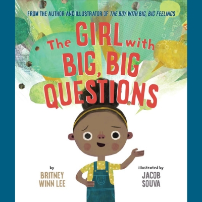 This cover shows a dark-skinned young girl, with her in an up style and with a yellow headband. She is wearing a yellow top with white dots and dark green overalls. Above the girl's head are speech bubbles in greenish colours. She has one hand raised upwards and her other hand is on her hip.