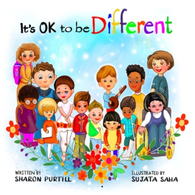 This cover has a white background and a gallery of 13 different brightly coloured people. The diversity depicts different genders, ethnicities, interests (music, books etc), and abilities, including a wheelchair, arm sling, glasses, broken leg.