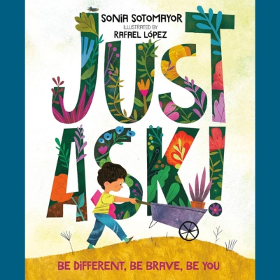 This cover depicts a young boy pushing a wheelbarrow full of flowers. He is wearing a greenish shirt and blue jeans, with his hair in an undercut style. The background of the image is mostly white, but there are also some colourful elements over the title text. Text on the cover includes the title, authors and tagline "Be different, be brave, be you".