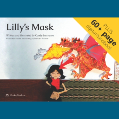 This cover shows an illustration of a girl and a dragon. The girl appears to be in a pose of action and the dragon is portrayed in vibrant shades of red. The girl character has black hair and red shirt. She is holding a mask depicting her own face.