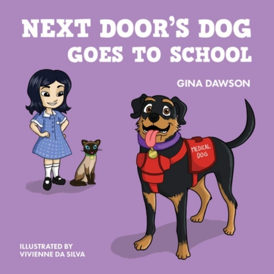 This cover has a purple background with white writing. On the left-hand side of the cover is a young girl with dark medium length hair dressed in her light blue school dress and with a cat next to her. A black dog with a red service animal coat is centre of the cover with a purple collar. The dog's tongue is hanging out and it looks friendly. Text on the cover includes the title and authors.