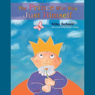 This cover shows a young prince with red hair and gold crown, holding a white dandelion and a purple shirt with running script of decoration. The prince has a blue sky and big orange round object behind him. Not clear if it is the sun or a mountain. There is also a butterfly above his head.