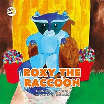 The cover has bright colours and shows the blue raccoon sitting in a large brown chair with a red bucket of bright flowers on either side of the chair. Behind the raccoon are yellow curtains and at their feet is grass and a path leading to the chair.