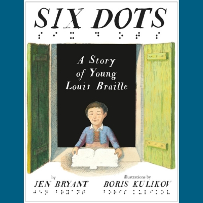 The cover shows a young boy in the centre with his eyes closed. He is framed by a bard style window and is holding a book in front of him. All of the text has the braille translation below the words.