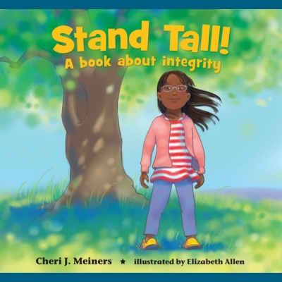 This book cover shows a young girl with long dark hair, standing in front of a large tree. It appears the breeze is blowing as the young girl's hair is flowing out to the right of her head. She is wearing yellow shoes, blue pants, a red and white striped top with a pink cardigan on top. She has dark skin and light blue rimmed glasses. She has a happy expression.
