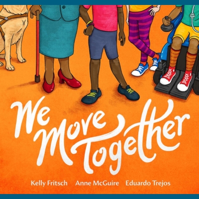 This cover shows a line of legs and feet. From left to right is a golden coloured dog, a mature woman with a walking stick in red shoes, and then three young children including one in a wheelchair. Text on the cover includes the title and authors.