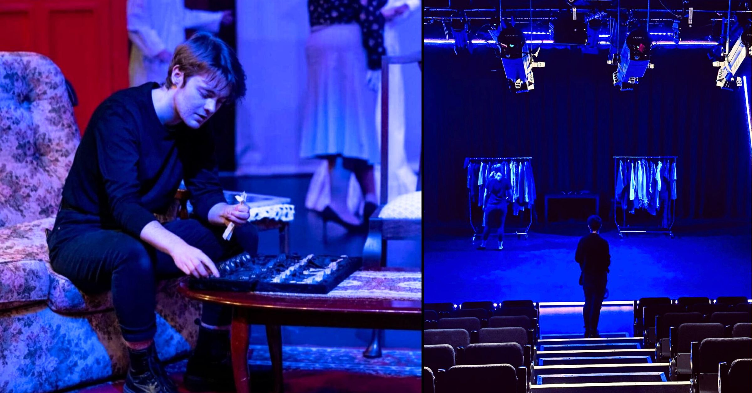 Two photographs of a young masculine presenting person with fair skin and light brown hair. The lighting is very blue. On the left they are sitting on an old couch, focussed on a task on a coffee table in front of them. Contextually this may be part of a theatre set. On the left they are standing in front of an empty stage with the lighting grid and empty chairs for the audience visible around them.