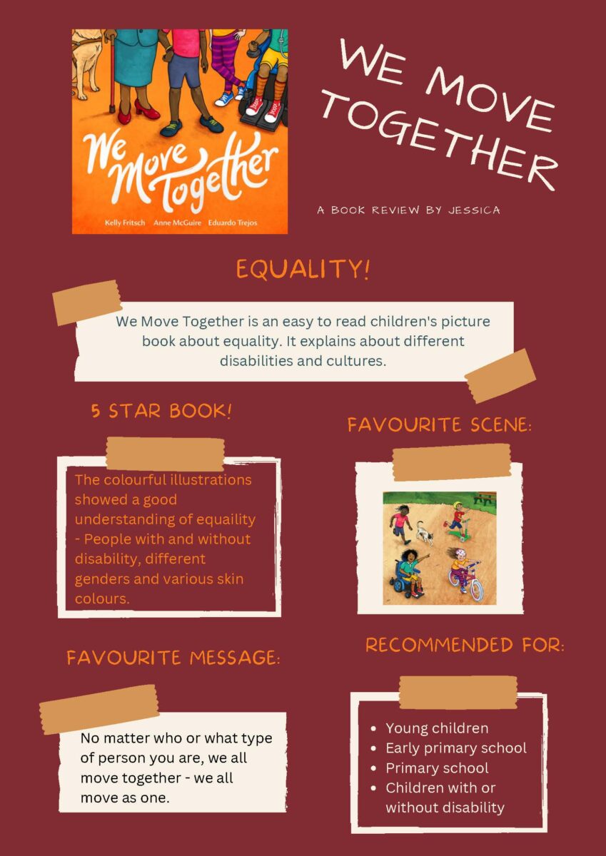 A brown background with beige squarish shapes taped on. The shapes have text of images in them, and the cover of "We Move Together" sits top-left. Text reads: We move together, A BOOK REVIEW BY JESSICA. Equality! We move together is an easy to read children's picture book about equality. It explains about different disabilities and cultures. 5 STAR BOOK! The colourful illustrations showed a good understanding of equality - People with and without disability, different genders and various skin colours. FAVOURITE SCENE - an illustration of four children flying down a street using a bike, a scooter, a wheelchair or just running, with a cat. FAVOURITE MESSAGE: No matter who or what type of person you are, we all move together - we all move as one. RECOMMENDED FOR: Young children, Early primary school, Primary school, Children with or without disability.