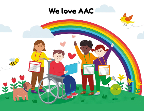 Illustration of 4 children of different ethnicities with a rainbow behind them. Black text We Love AAC at the top.