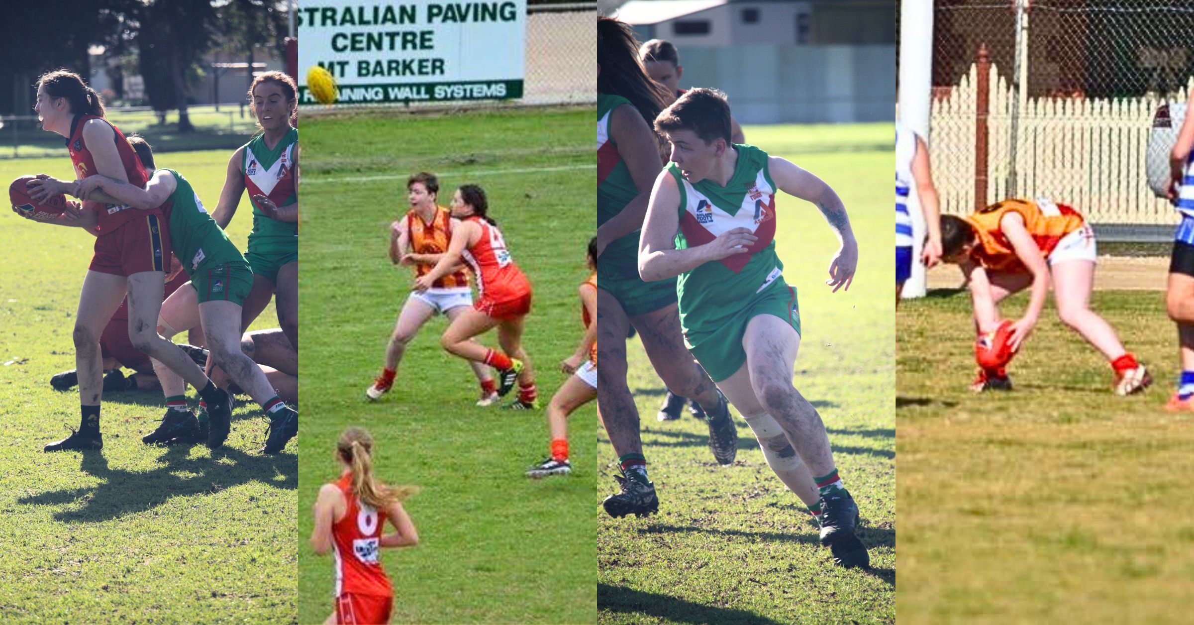 Four photographs featuring the same young woman playing Aussie rules football with gusto, running and tackling. She is wearing two different uniforms in different photos, one green, one red. She is fair skinned with short brown hair.