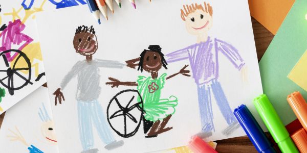 A children's drawing of a little girl in a wheelchair with her two dads on either side of her. It's a mixed race family. The dad on the left and the daughter are both black, the dad on the right is blond and fair. Everyone is casually dressed and smiling. There are coloured pencils in the bottom right of the frame.