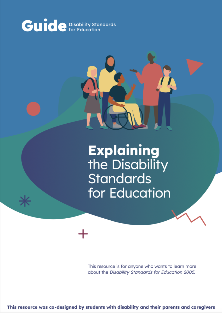 PDF Cover of a document called "Explaining the Disability Standards for Education" featuring a simple illustration of a teacher talking to four students, one wearing an hijab and one using a wheelchair, over green blue and purple shapes and blobs.