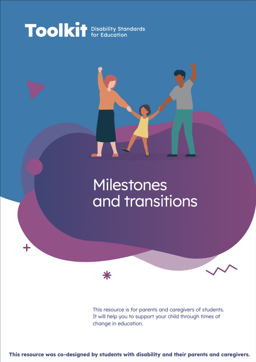 PDF Cover of a document called "Milestones and transitions" featuring a simple illustration of parents walking with their child over green blue and purple shapes and blobs.