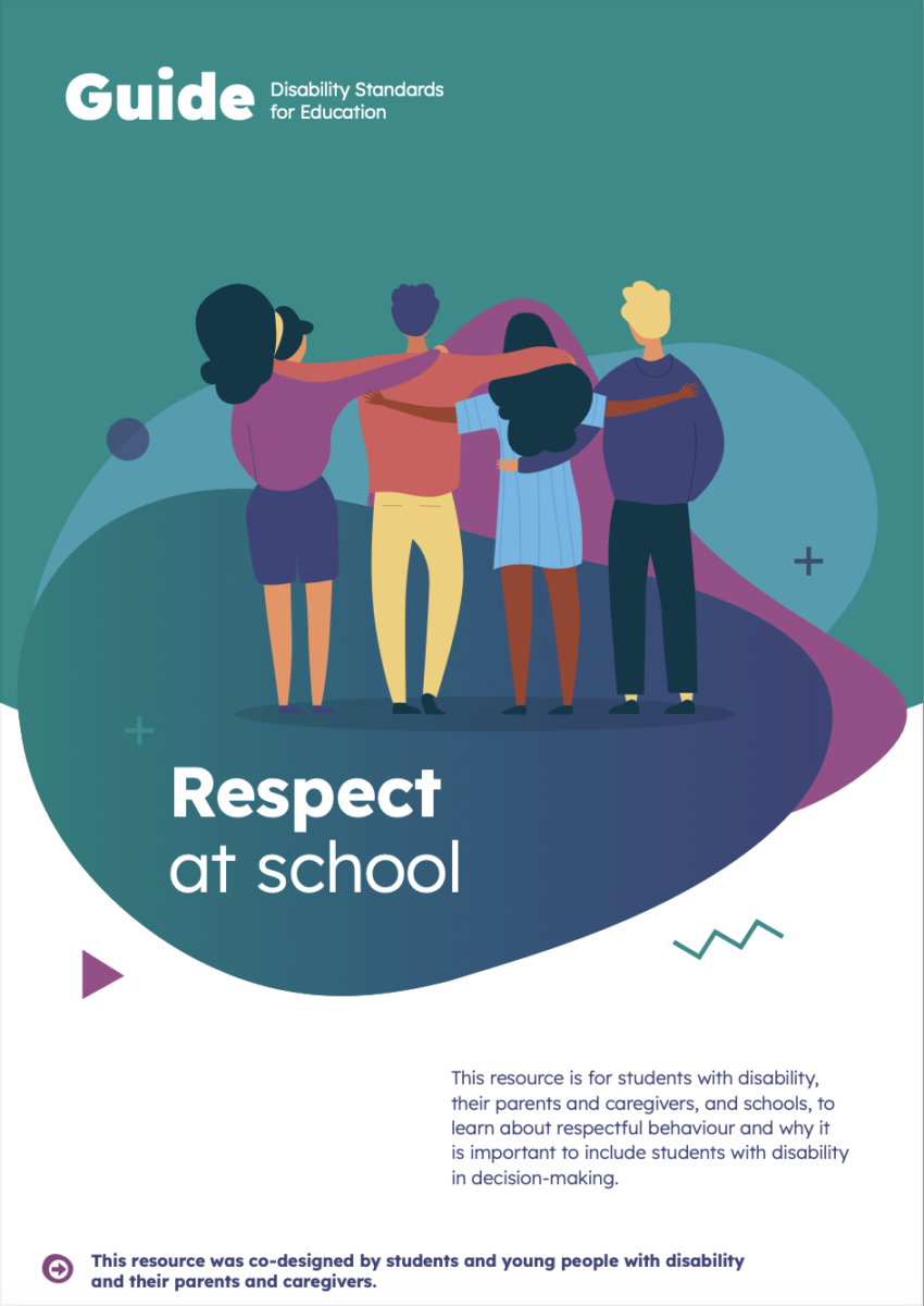 PDF Cover of a document called "Respect at School" featuring a simple illustration of four teens walking together with their arms around each other's shoulders, over green, blue and purple shapes and blobs.