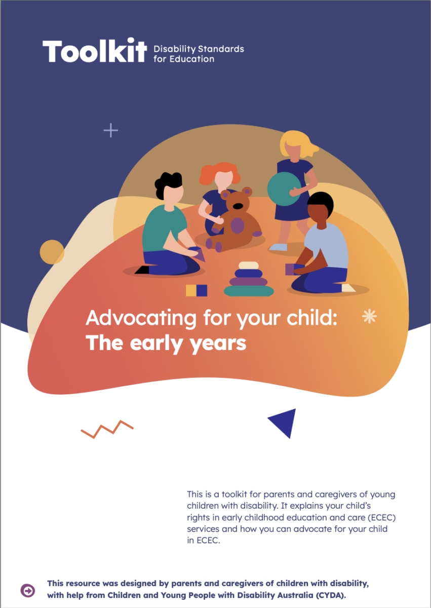 PDF Cover of a document called "Advocating for your child: the early years" featuring a simple illustration of four four children playing together with toys, over orange and blue shapes and blobs.