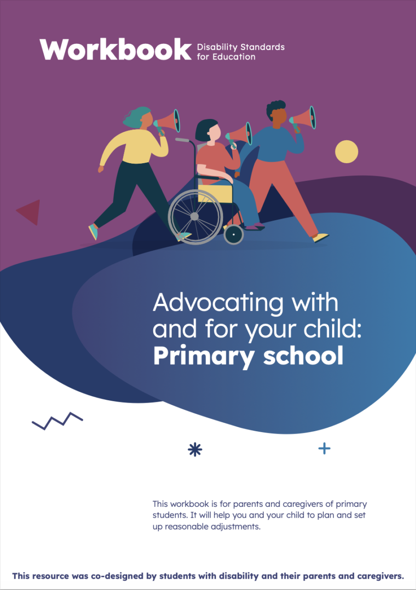 PDF Cover of a document called "Advocating with a for your child: Primary School" featuring a simple illustration of two adults and a child in a wheelchair, walking or rolling while speaking into megaphones, over blue and purple shapes and blobs.