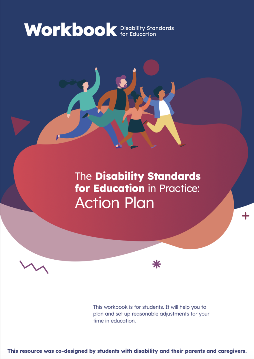 PDF Cover of a document called "The Disability Standards for Education in Practice: Action Plan" featuring a simple illustration of two adults and two children running together, over orange, blue and purple shapes and blobs.