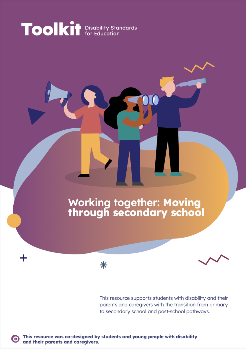 PDF Cover of a document called "Working together: Moving through secondary school" featuring a simple illustration of three teens holding a megaphone, binoculars and a spy glass, over orange, blue and purple shapes and blobs.