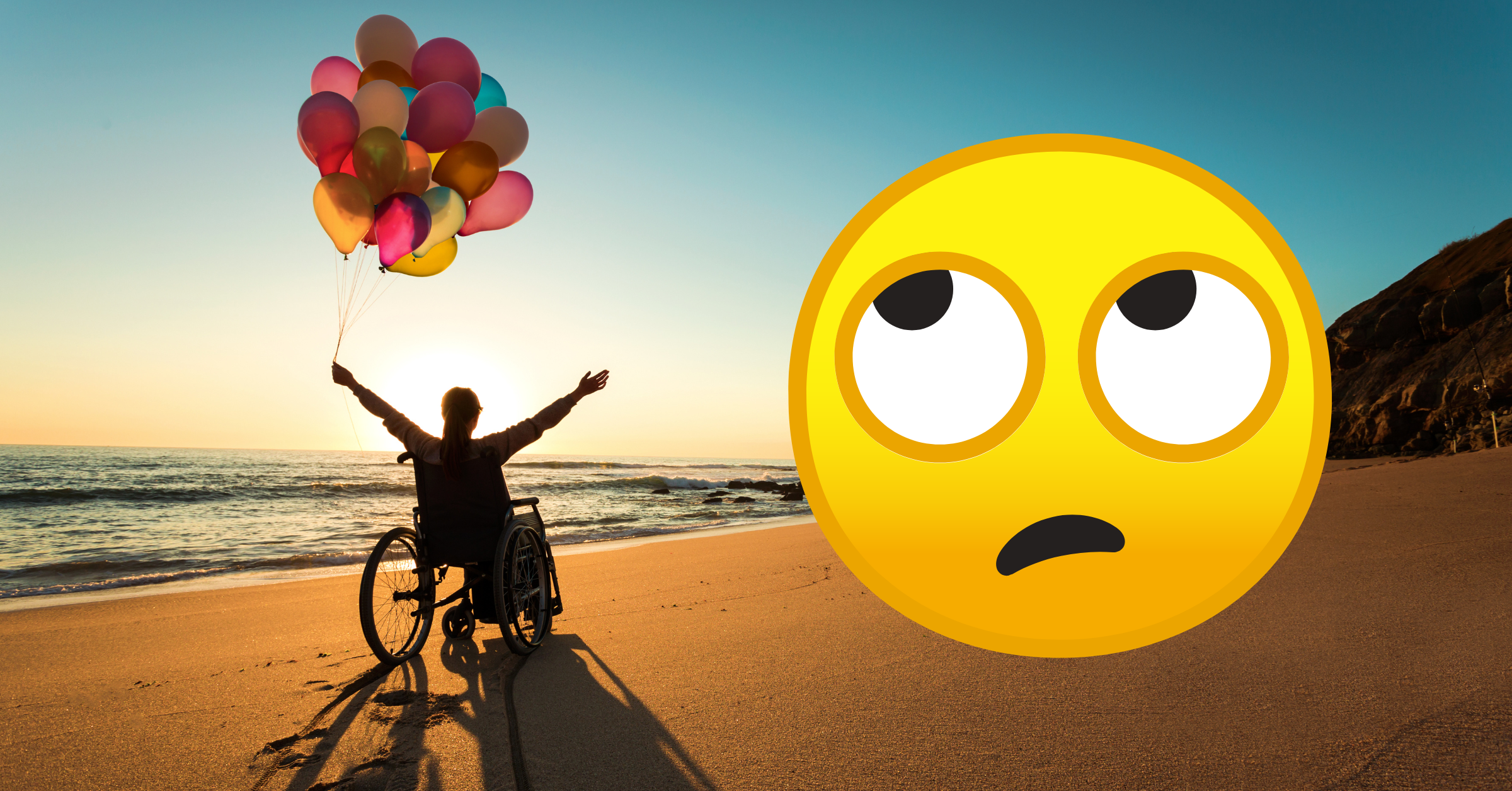 A photograph shows a woman in a wheelchair lifting their hands in the air while holding a collection of colourful balloons. The woman is on a beach at sunset facing the ocean. To the right of her is an emoji symbol of a round and yellow face rolling its eyes.