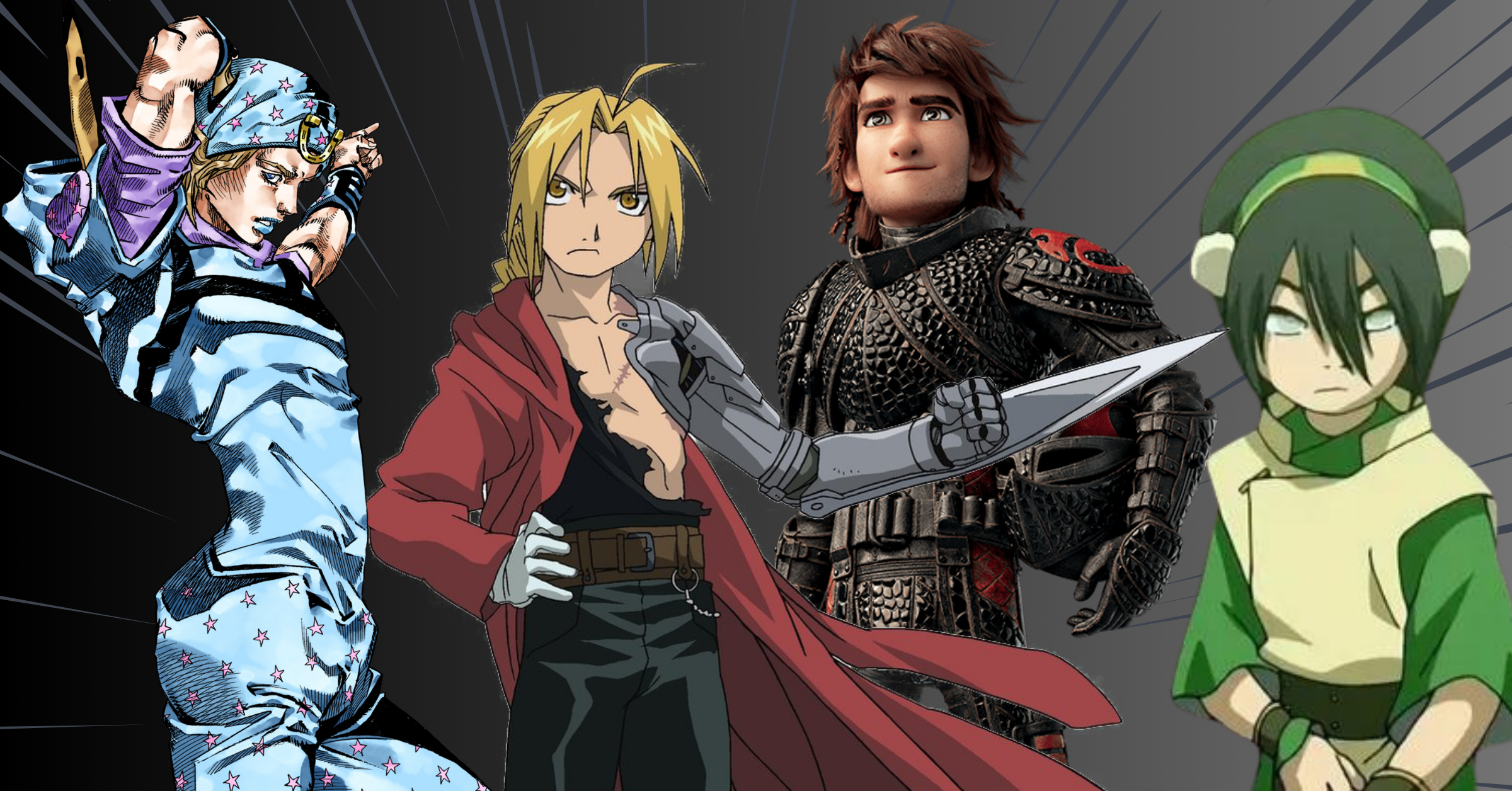 Four characters from various animated TV shows and films are standing against a black and grey backdrop. Johnny Joestar, the character on the left is wearing dark blue and black clothing and has brown hair. The character next to him, Edward Elric, has a metal arm with a sword attached to it and is wearing a red cape. Beside him is Hiccup from How To Train Your Dragon wearing red and black armour. Toph from Avatar: The Last Airbender stands to the far right. She is wearing green clothing and has long dark hair covering part of her face.