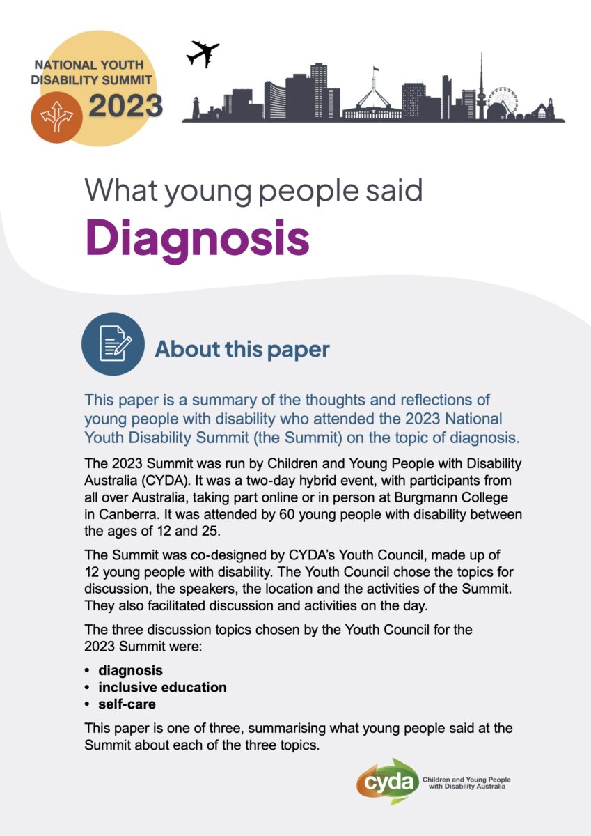 A PDF cover with the logo for the National Youth Disability Summit 2023 featuring an orange icon with three diverging paths. Next to this is a Canberra city skyline with a plane flying over it. Under this is the title "What young people said: Diagnosis" Below this is text under the heading "About the this paper" with the CYDA logo at the bottom of the page.