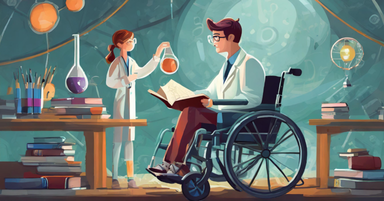 A digital painting shows a young girl in a white lab coat holding a flask filled with amber-coloured liquid. A man in a similar lab coat using a wheelchair is looking at the flask while holding a book open on his lap. Other scientific instruments and books are scattered around the pair.
