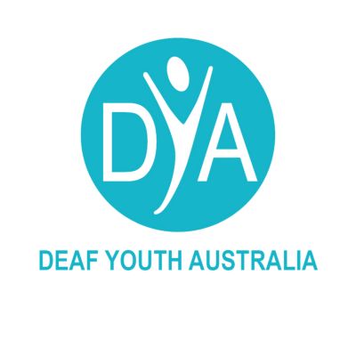 The logo for Deaf Youth Australia. The letters D, Y and A in a green circle. The y is shaped like a person jumping for joy.