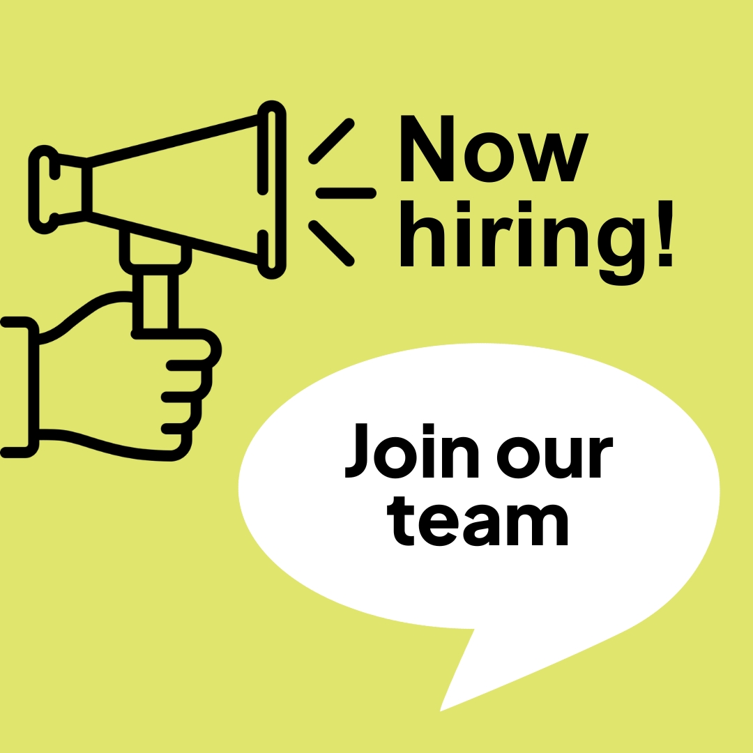 A green square background with a megaphone pointed at the text: "Now hiring!" Below that is a white speech bubble that says "Join our team".