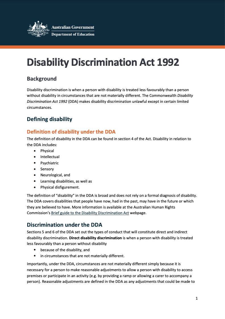 A PDF cover of an Australian Government fact sheet about the Disability Discrimination Act 1992. The Australian Government logo featuring a kangaroo and an emu holding up a shield over a wattle tree sits at the top of the page.