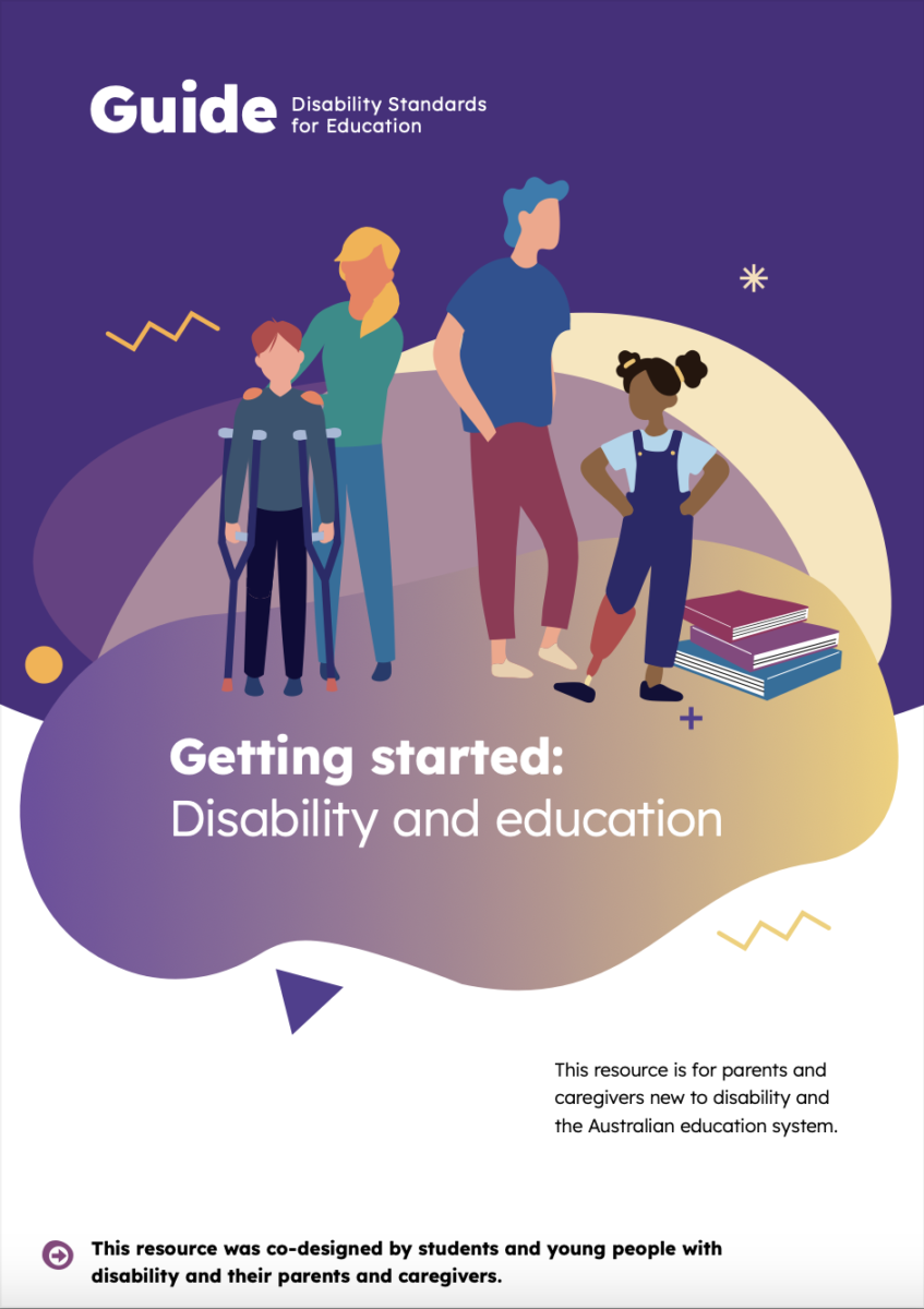 PDF Cover of a document called "Getting Started: Disability and Education" featuring a simple illustration of a blond woman with her hands on the shoulders of a boy using crutches and a man with blue hair standing next to a small black girl with pigtails and a prosthetic leg. Their is a pile of books next to the girl. The illustration sits over blue and yellow shapes and blobs.