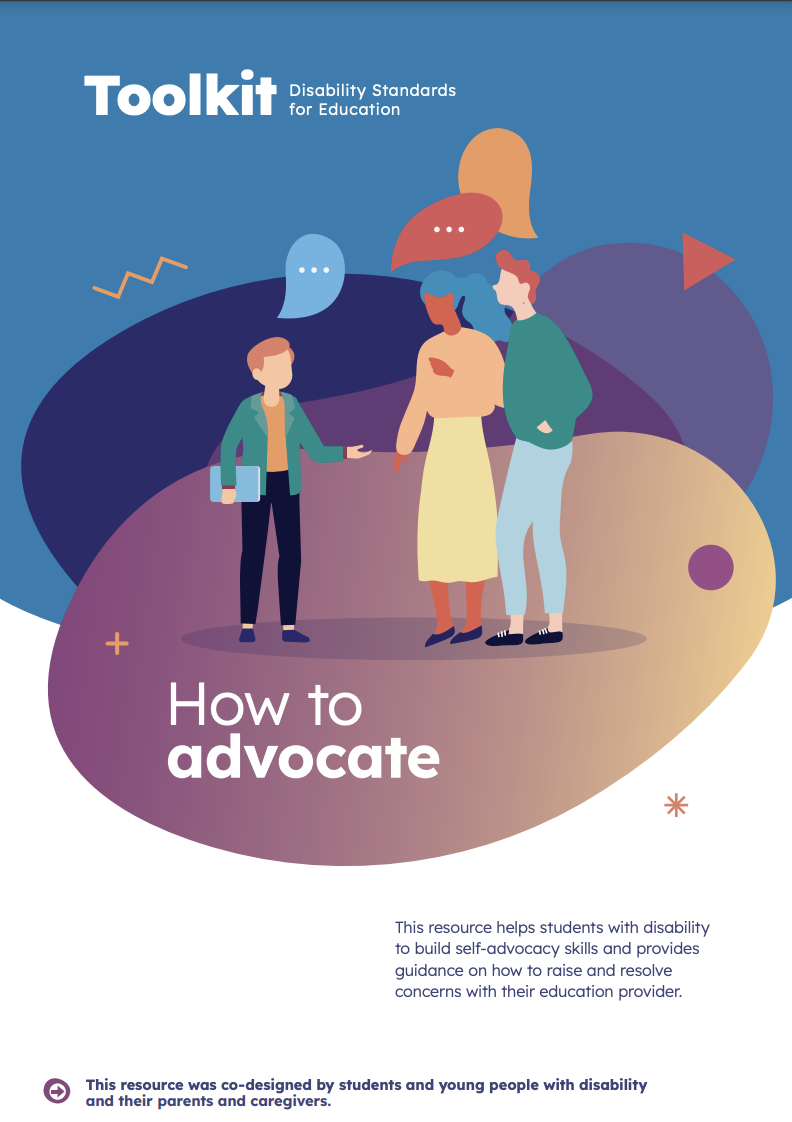 PDF Cover of a document called "How to advocate" featuring a simple illustration of two adults speaking with an adolescent holding a book, over blue and purple shapes and blobs.