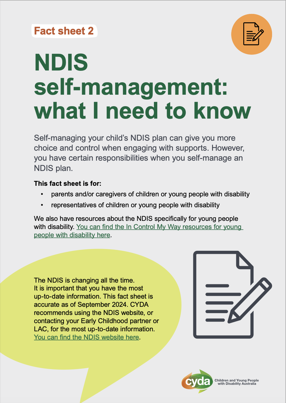 A PDF cover of a fact sheet about NDIS Self Management. It features a green heading, text in a green speech bubble, the CYDA logo and graphics of pens writing on paper.