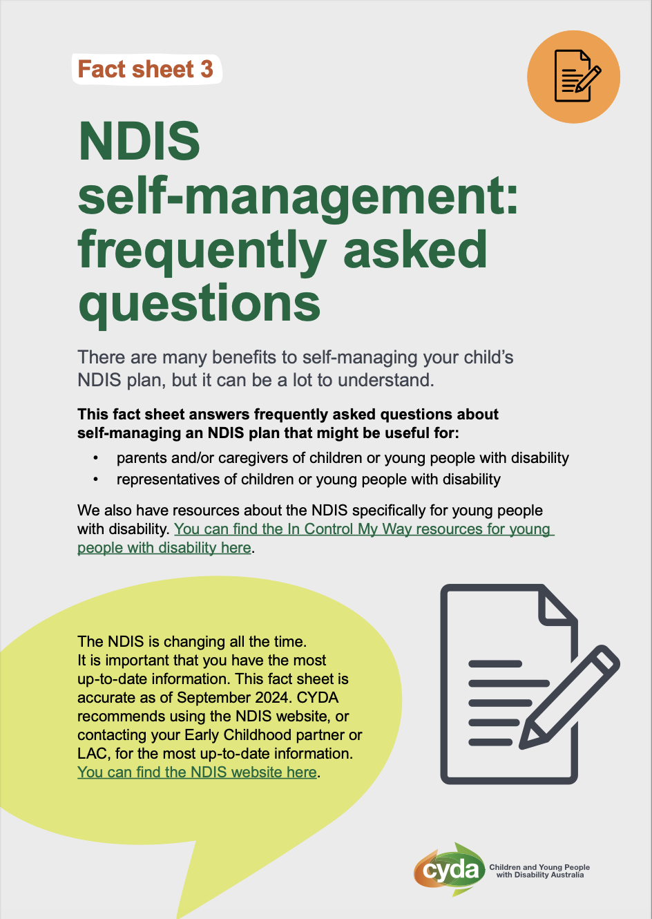 A PDF cover of a FAQ document about self managing on the NDIS. It features a green heading, text in a green speech bubble, the CYDA logo and graphics of pens writing on paper.