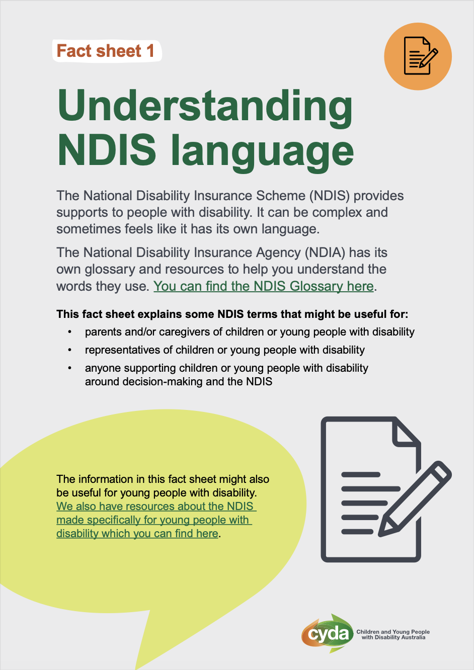 A PDF cover of a fact sheet about Understanding NDIS language. It features a green heading, text in a green speech bubble, the CYDA logo and graphics of pens writing on paper.