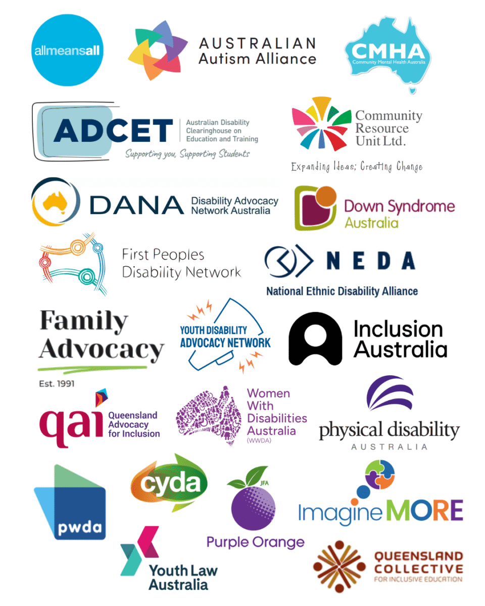 All Means All, Australian Autism Alliance, Australian Disability Clearinghouse on Education and Training, Children and Young People with Disability Australia, Community Mental Health Australia, Community Resource Unit, Disability Advocacy Network Australia, Down Syndrome Australia, Family Advocacy, First Peoples Disability Network, Imagine More, Inclusion Australia, National Ethnic Disability Alliance, People with Disability Australia, Physical Disability Australia, Purple Orange, Queensland Advocacy for Inclusion, Women with Disabilities Australia, Youth Disability Advocacy Network, Youth Law Australia, Queensland Collective for Inclusive Education