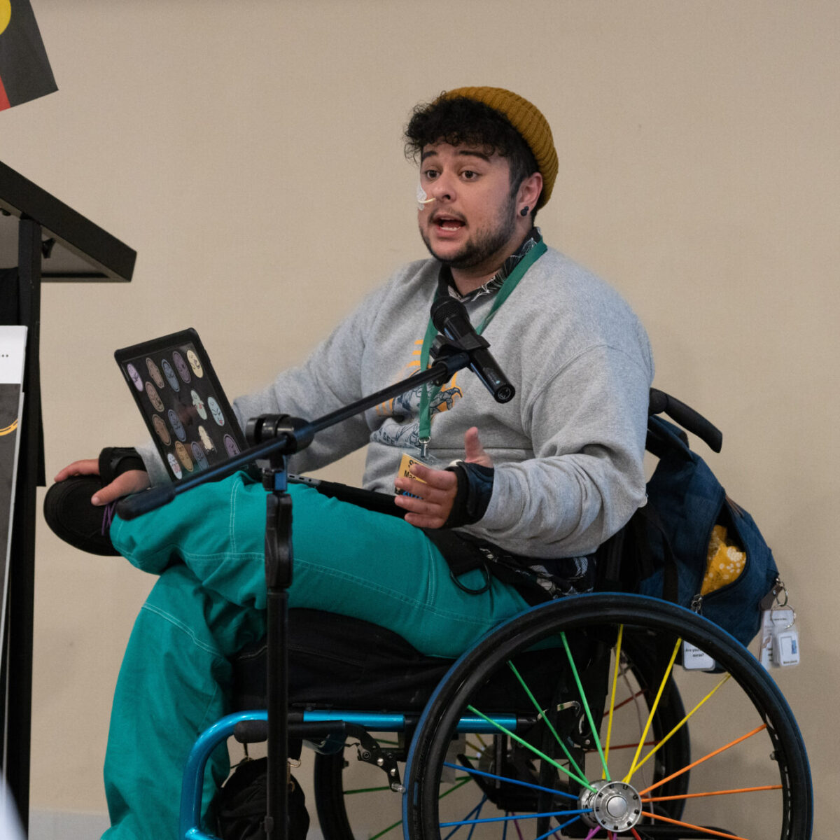Mac a wheelchair user presenting to a group of people