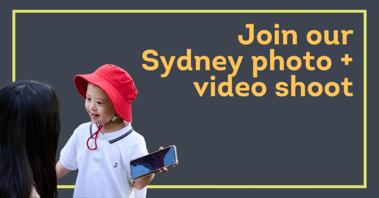 Join our Sydney photo and video shoot. Includes a photo of a young child with down syndrome in school uniform.
